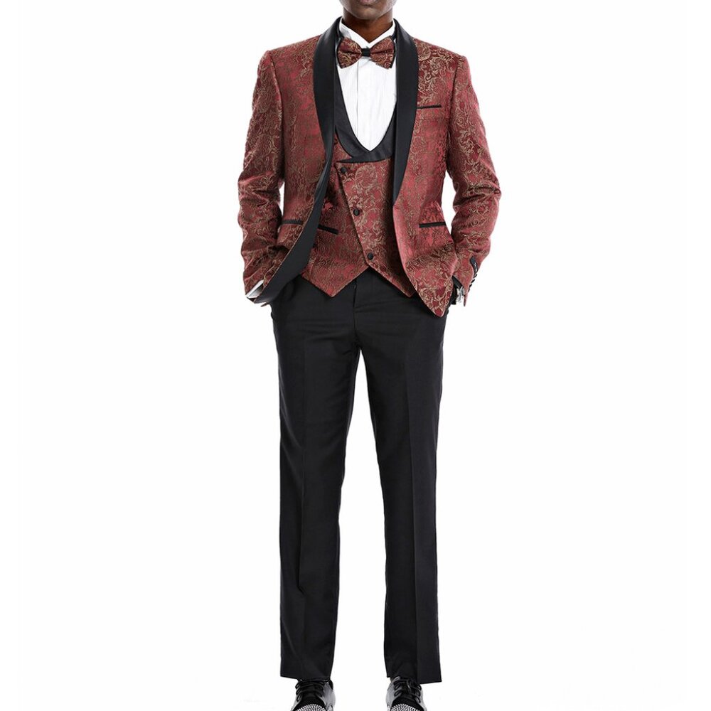 Rust Baroque Design Black Shawl Lapel 3 Piece Skinny Fit Tazzio Men's Suit